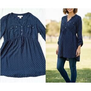 Motherhood Maternity Navy Polka Dot Roll Tab Sleeve Tunic Small